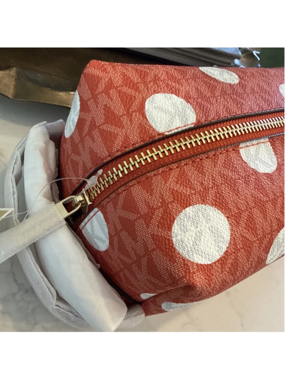 Michael Kors Jet Set Women Polka Dot Signature Logo Travel Case Bag Red Clay New